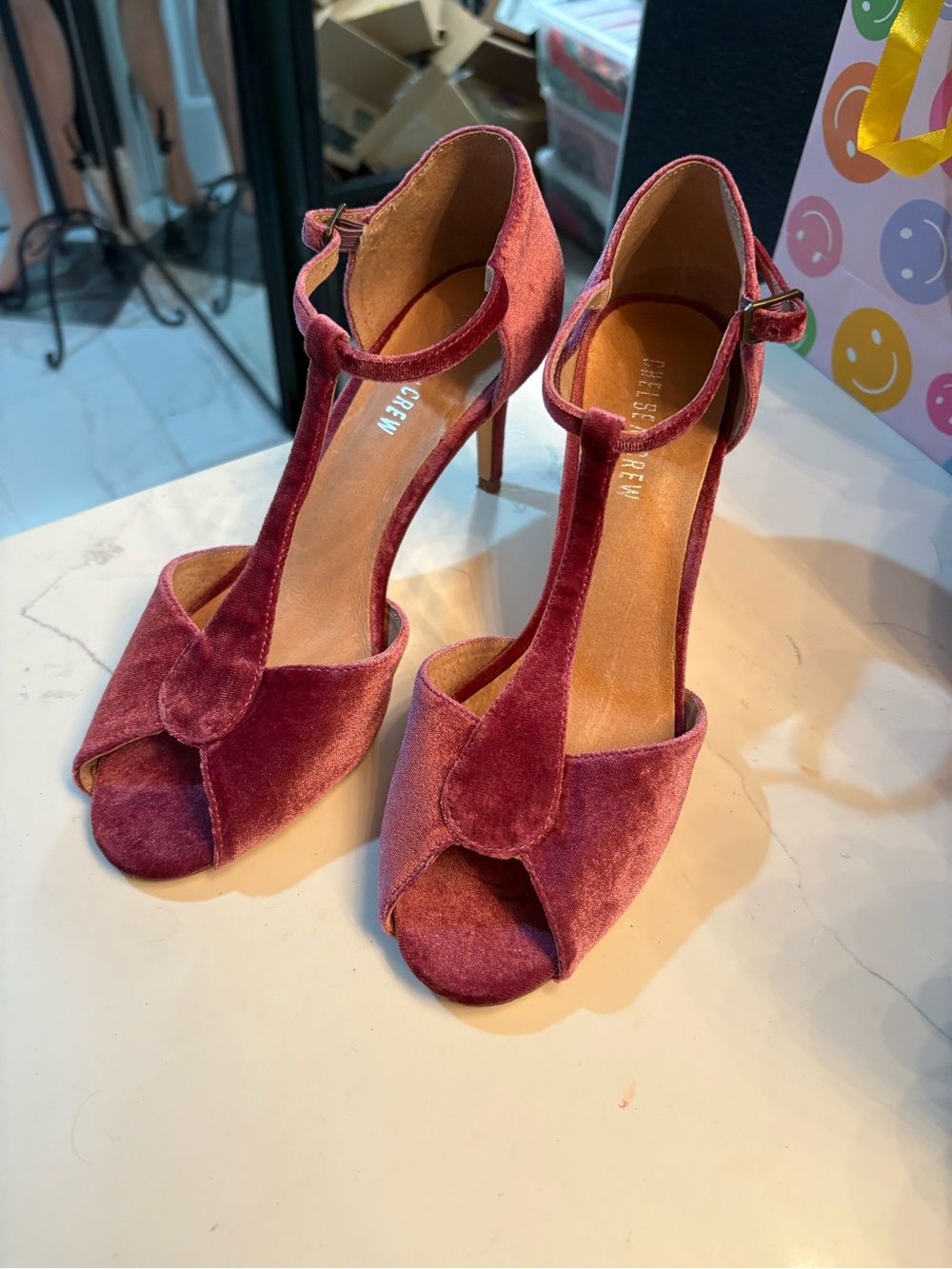 Chelsea Crew Blondie Velvet T-Strap Peep Toe Heels Rose pink pinup